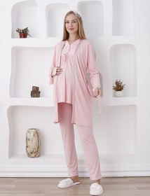 Resim Uzun Kol ve Düğmeli Lohusa Pijama Takımı/3lü Hamile Pijama ve Sabahlıklı Takım - 3424 - Somon / M / Terlik ve Taç İstiyorum + 300₺ 