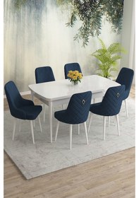 Resim Meri Serisi 80x132 Açılabilir Mdf Beyaz Masa Takımı 6 Kahve Sandalye Lacivert 