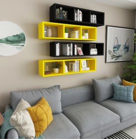 Resim Duvar Rafı Yatay Kitaplık Mobilya Hediye Rafı Siyah Sarı 4 Lü Takım Siyah Sarı 