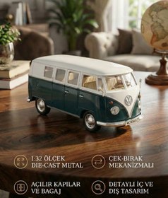 Resim craftivio 1:32 Ölçek Metal Çek Bırak Nostaljik Volkswagen T1 Minibüs Vosvos Oyuncak Araba - Yeşil (13 cm) 