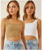 Resim Swana Kadın Acık Kahve Beyaz 2'li Paket Askılı Crop Bluz 