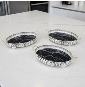 Resim 3 Adet Gümüş Renk Mermer Desen Metal Çerçeveli Cam Tepsi - 28x19 Cm Gümüş 