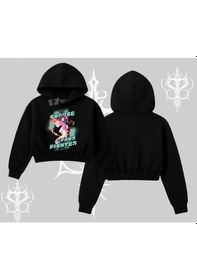 Resim Kapşonlu Crop Sweatshirt Oversize Anime Kız Desenli Japon Stil Siyah 