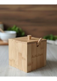 Resim Bambu,kapaklı Kaşıklı 12x12 Çok Amaçlı Baharat Ve Tuzluk Kutusu Kitchen Yazılı Açık Kahverengi 