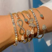 Resim 6 adet Vintage Şık Taşlı Sonsuz İşaret Kelebek File Zincirir Peach Kalp Açık Manşet Bilezik Seti Kadınlar İçin - Günlük Giyim İçin Moda Hediye Seti 