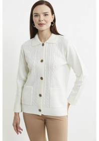 Resim Cep Detaylı Düğmeli Yünlü Triko Hırka - Kemik 001 