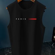 Resim 1 adet MBDMBD Erkekler için Rahat Kolsuz Atlet, Paris Baskılı Örgü Polyester Yelek, Yaz Yuvarlak Yaka Düzenli Fit Spor Salonu Egzersiz Gömleği 