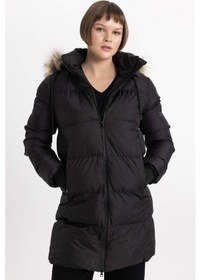 Resim DeFacto Su İtici Şişme Uzun Mont Parka Rüzgar Geçirmez Fermuarlı Suni Kürk Çıkarılabilir Kapüşonlu A4105AX24SPBK27 Siyah 