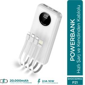 Resim Phixi Basic P21 20000mAh 10W Kendinden Kablolu Şarj Cihazı - Powerbank - 2 USB Port 4 Kablo Çıkışı - LED Ekran - Taşınabilir Şarj Cihazı 