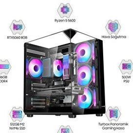 Resim Dragos DRx7926 Ryzen 5 5600 16 GB Ram 512 GB M2 NVMe SSD Gigabyte Windforce 8 GB RTX5060 FreeDOS Oem Paket 