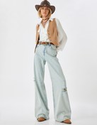 Resim Yırtık Kot Pantolon Düşük Bel Düğmeli Bol Paça Pamuklu - Loose Straight Fit Jean 