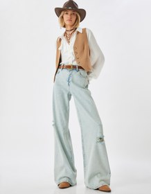 Resim Yırtık Kot Pantolon Düşük Bel Düğmeli Bol Paça Pamuklu - Loose Straight Fit Jean 