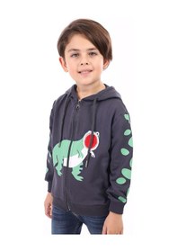 Resim Toontoy Kids Toontoy Erkek Çocuk Kapüşonlu Fermuarlı Baskılı Örme Hırka - 2 İplik Füme 