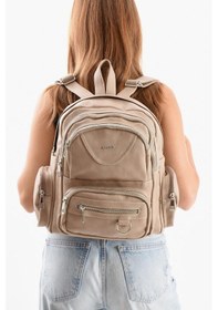 Resim Suni Deri Kadın Sırt Çantası 38 28 Cm Mega Bag Günlük Kullanıma Uygun Çok Cepli İçi Astarlı Krem 