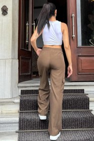 Resim NEW LAVİVA Kadın Kahve Beli Lastikli, Kargo Cepli, Bol Paça Kupra Kumaş Palazzo Pantolon - Tesettüre Uygun 