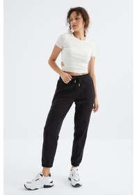 Resim Siyah Yüksek Bel Basic Bağcıklı Jogger Polar Kadın Eşofman Alt - 94622 Siyah 
