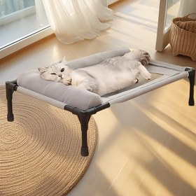 Resim 1 Adet Çok Satan Yeni Tasarım Polyester Yükseltilmiş Evcil Hayvan Yatağı, Nefes Alabilir Fileli, Yıkanabilir & Çıkarılabilir Minder – Orta/Büyük Boy Kediler ve Köpekler İçin, Tüm Mevsimlerde Rahatlık, Sağlam Çerçeve, Serinletici Havalandırma Özellikli Hamak Stili Kedi/Köpek Yatağı (Mavi/Gri) 
