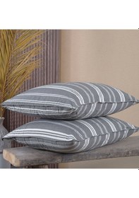 Resim Pamuklu İpliği Boyalı Yıkamalı Kapaklı Yastık Kılıfı 2 Li Set 50x70 Cm Çift İğne Detaylı Gri - Beyaz 