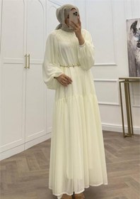 Resim Neşeli Butik kadın beyaz balon kol astarlı kuşak detaylı şifon tesettür elbise ---- NMS095 