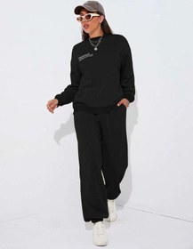Resim Minimal Los Angeles Sweatshirt Eşofman Altı Jogger- Siyah Alt Üst Takım Oversize Bisiklet Yaka Siyah 