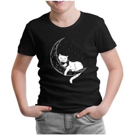 Resim Lord Tshirt Black Cat Reading On The Moon Siyah Çocuk Tshirt 001 