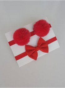 Resim swan butik Kız Çocuk Bebek Bandana Toka Seti Kırmızı Ponpon Ve Kırmızı Fiyonk 