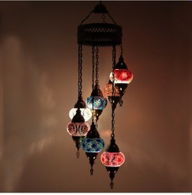 Resim Dekoratif DESENLİ RENKLİ OTANTİK TAVAN LAMBASI 7 Lİ AVİZE 