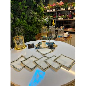 Resim Kokteyl Peçetesi,gold Siyah Ekose Desenli Nakışlı Kare Kahve Tepsisi Peçeteliği,6'lı Sunumluk Peçete 