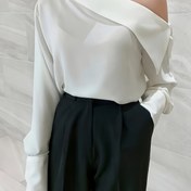 Resim Şık Tek Omuzlu Uzun Kollu Bluz, Yetişkin Kadınlar için Polyester Düz Renk Dokuma Yelek, Tüm Mevsimler 
