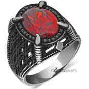 Resim 925 Ayar Gümüş Mikro Taş Işlemeli Lal Taşlı Erkek Yüzük 