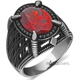 Resim 925 Ayar Gümüş Mikro Taş Işlemeli Lal Taşlı Erkek Yüzük 