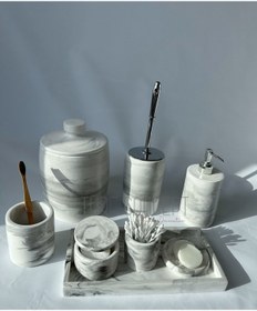 Resim Ture Concept Mermer Görünümlü Banyo Seti Çöp Kovası ,tuvalet Fırçası, Tepsi,sabunluk ,pamukluk, Cubukluk 