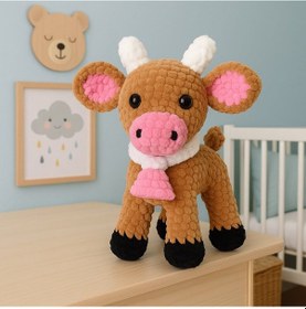 Resim Kadife İplikten El Yapımı Amigurumi İnek Oyuncak Kahverengi 