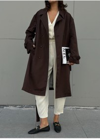 Resim minaaise Kadın Kahve Astarı Çizgi Desenli Oversize Trençkot 28119 