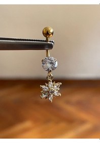 Resim 316 L Cerrahi Çelik Baget Taşlı Kasımpatı Göbek Piercingi Baget Taşlı Çiçek Piercing Gold 