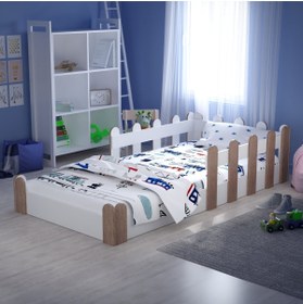 Resim Tuliplife Montessori Karyola Beyaz Açık Ceviz 90x190 Yatak Uyumlu Oval Kesim Çocuk Yatağı 