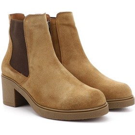 Resim Gönderi R Açık Taba Süet Fermuarlı Kalın Topuklu Hakiki Deri Chelsea Bot Taba Süet 