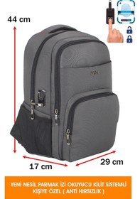 Resim 14"-15,6" İnç Laptop Sırt Çantası Yeni Nesil Parmak İzi Okuyucu Kilit Sistemli Anti Hırsızlık Gri 