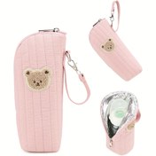 Resim 1 Adet Askılı Şişe Çantası - Pastel Pembe (veya diğer renkler mevcut) - Sağlam Fermuarlık, Altın-Kahverengi Kenar Detaylı - Kompakt Bebek Bezi Saklama Organizatörü ve Mendil Yuvası Cep Tasarımı - Formül Süt, İnek Sütyeni, Islak Mendiller için Taşınabilir Çanta - Anneler, Bakıcılar, Kreş İhtiyacları İçin Ideal Ergonomik Dizayn & Mandil Çakışma Uyumlu Araba/Bebek Arabası ile Kullanım İmkanı Hafif ve Dayanıklı Str 