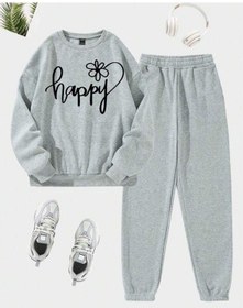 Resim Happy Papatya Eşofman Takımı Sweatshirt Jogger - Gri Baskılı Oversize Şardonlu Bisiklet Yaka Gri 
