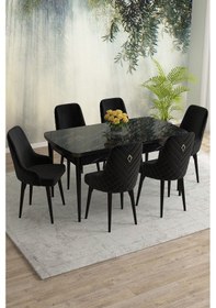 Resim Meri Serisi 80x132 Açılabilir Mdf Siyah Mermer Desen Masa Takımı 6 Lacivert Sandalye Siyah 