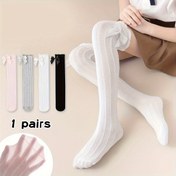 Resim 1 Çift Kız Diz Altı Çorapları Yay Detayları ile - Yumuşak Esnek Polyester-Spandex Karışımı, Kaburga Dokusu, Düz Renk Prenses Tarzı Çoraplar Tüm Mevsim Giyim İçin, Sadece Elde Yıkama, Diz Üstü Çoraplar, Tüm Mevsim Çorapları, Dekoratif Yay Detayı, Rahat Uygunluk 