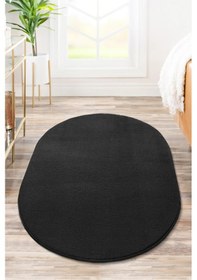 Resim Vl Comfort Puffy Ponpon Saçak Peluş Yıkanabilir Siyah Yolluk Saçaksız Oval 