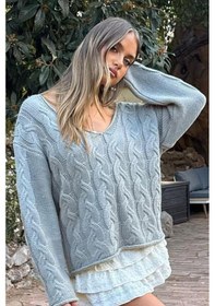 Resim Madmext Gri V Yaka Örgü Desen Oversize Kadın Kazak Mg2519 Gri 
