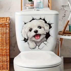 Resim 3D Beyaz Köpek Tuvalet Sticker - Sevimli Yavru Köpek Tasarımı ile Su Geçirmez Vinil Decal, Kolay Kurulum için Kendinden Yapışkanlı, Banyo Dekoru ve Tatil Hediyeleri için Mükemmel, Tuvalet için Banyo Stickerları 
