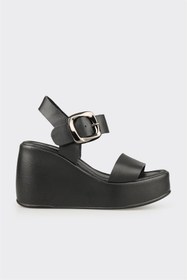 Resim Elle Shoes Siyah Deri Kadın Dolgu Topuk Sandalet 