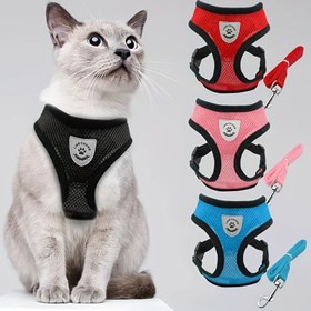 Resim Nefes Alabilen Ağ Kedi Tasma Seti, Ayarlanabilir Kaçış Geçirmez Kedi Göğüs Kayışı Kolay Kontrol Yansıtıcı Kedi Yeleği Açık Havada Yürüyüş İpi 