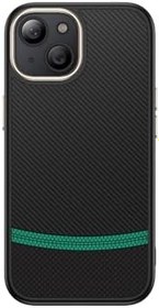 Resim iPhone 14 Plus İle Uyumlu Kılıf Kablosuz Şarj Özellikli Karbon Fiber Görünümlü Antina Kapak 36978 Siyah-Yeşil 