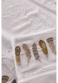 Resim 2'li Nakışlı Kadife El Havlusu -jakarlı Tüy İşlemeli Yüz Havlusu - %100 Pamuk Beyaz Beyaz 