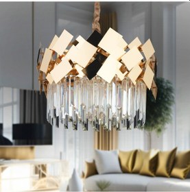 Resim Roshan 50'lik Yuvarlak Gold Kristal Taşlı Modern Oturma Odası Salon Sarkıt Avize Sarı 